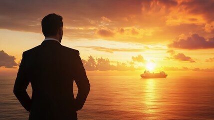 Man in suit contemplating ship, a symbol of maritime business, global commerce, and international travel