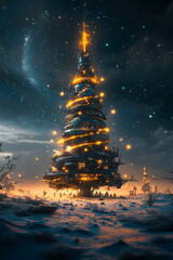 Obraz premium A Christmas tree with a glowing light on top of it. The tree is surrounded by a snowy landscape