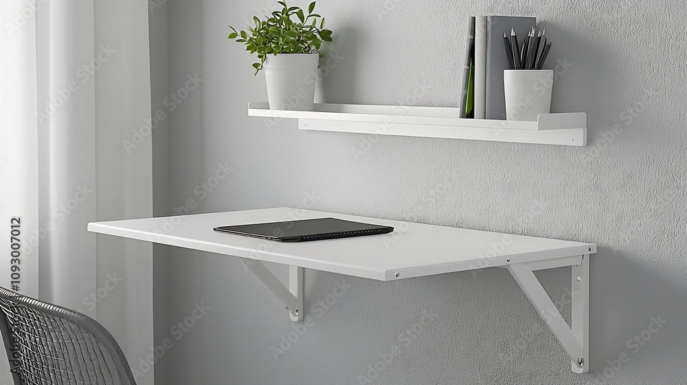 Poster compact and efficient home office setup with a foldable table a simple chair and a wall mounted shel