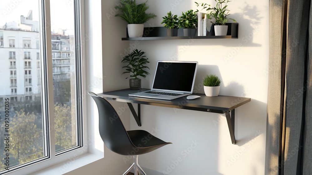 Poster compact and efficient home office setup with foldable desk wall mounted shelf and decorative plants 