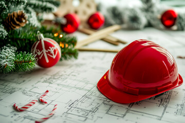 A red hard hat sits on top of a piece of paper with a drawing of a building. The hat is surrounded by Christmas decorations, including a tree and several red ornaments. The scene conveys a festive