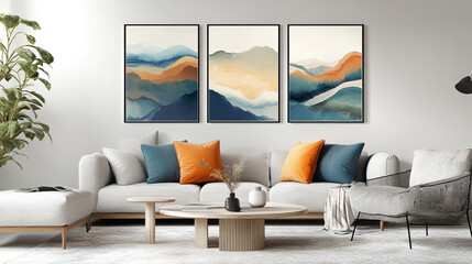 dining room with table and sofa and painting on wall, modern style interior room 3d illustration Interior design with sofa, table, chairs and colorful painted frame on the wall of the room.