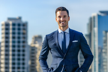 Successful Real Estate Agent with Urban Skyline Background blue background 