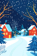 Naklejka premium A winter scene with houses and trees, with a path leading to them. The houses are red and the trees are bare