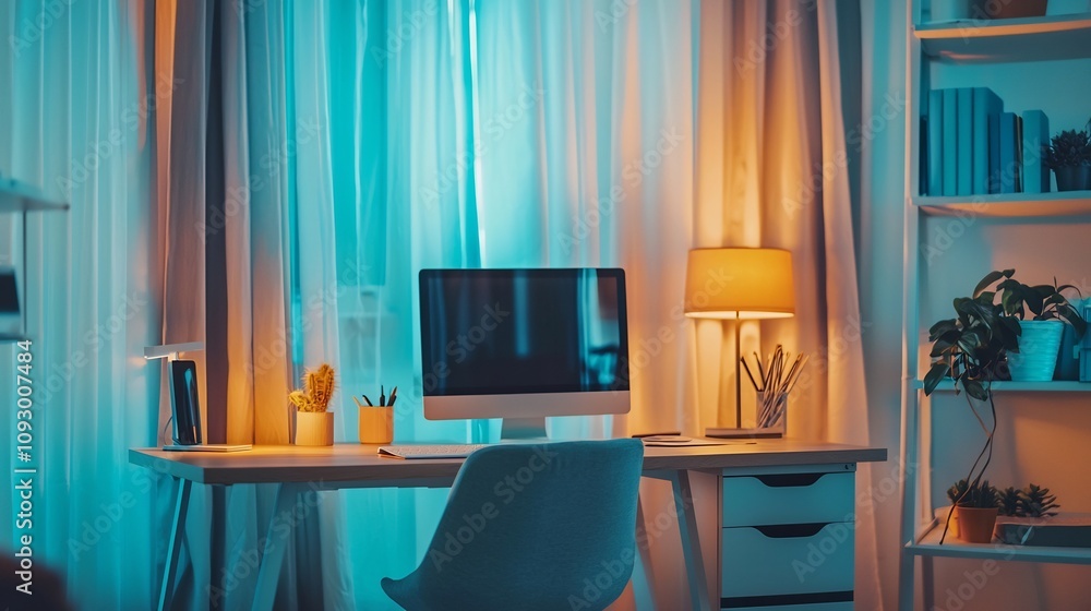Poster Cozy and Calming Home Office with Corner Desk Warm Lamp and Soft Curtains Creating a Relaxing Atmosphere for Productive Work and