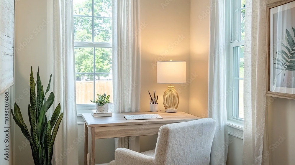 Poster cozy and bright home office with corner desk warm lamp and soft curtains creating a calming atmosphe