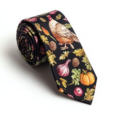 Colorful tie featuring vintage food illustrations.
