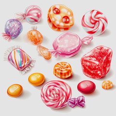 Obraz premium Colorful Assortment of Sweets and Candies on a Light Background Perfect for Celebrations, Parties, and Festive Occasions Featuring Various Shapes and Colors
