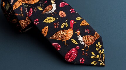 Colorful tie with autumn-themed bird design.