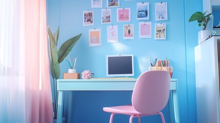 Cozy and Cute Kawaii Office Setup Featuring a Pastel Blue Desk Pink Chair and Neatly Arranged Photos on a Pinboard Wall
