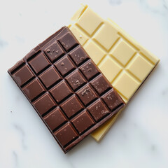 Delicious and Tempting Chocolate Bars on a Light Marble Surface Highlighting the Contrast Between Dark and White Chocolates, Ideal for Food Photography and Culinary Inspiration