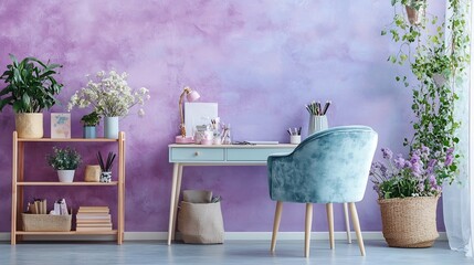 Cozy and Inviting Workspace Featuring a Lavender Wall a Small Desk and a Pastel Blue Chair Accented by Soft Floral Elements for a Calming and Inspiring Work Environment
