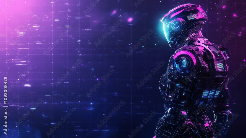 Aufkleber futuristic robot stands against digital data stream