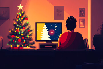 A man is sitting in front of a Christmas tree and watching a television. The man is wearing a red shirt and is looking at the television