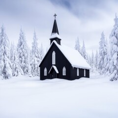 Snow-covered church in a winter forest.