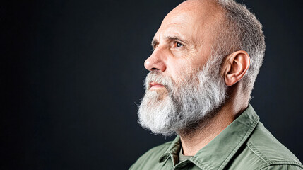 Fototapeta premium Portrait of a mature man studio dark background close-up reflection on life