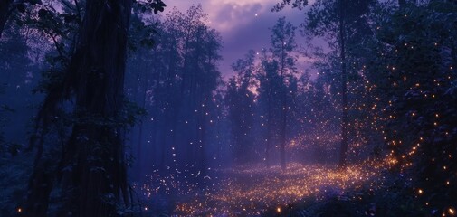 A mystical forest at dusk illuminated by glowing orbs, creating a magical atmosphere.