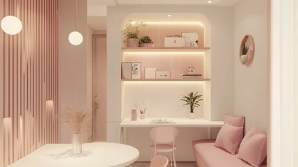 Cozy and Minimalist Pastel Inspired Study Area featuring a Clean White Desk Pink Cushions and Small Wall Mounted Shelves Displaying Decorative Plants and Accents
