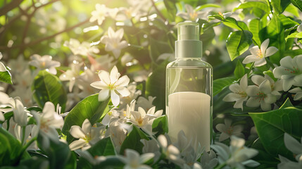 Jasmine Oil Extract Surrounded by Fresh Jasmine Flowers in a Luxurious Garden Setting