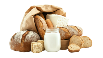 Isolate fresh dairy and bread products grocery store food display clean environment close-up view culinary delight
