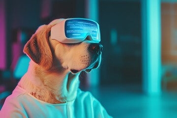 Dog wearing VR headset in colorful lighting.