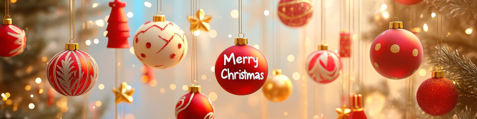 Merry Christmas is written on this Christmas themed image. A large number of red and gold Christmas ornaments hanging from a tree. The ornaments are of various sizes and shapes, creating a festive