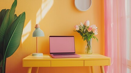 Cozy and Stylish Pastel Yellow Home Office Workspace with Pink Laptop Computer Small Glass Vase with Flowers and Minimal Decor Elements for Productivity and