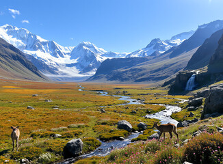Scenic landscape featuring deer near a river with majestic mountains in the background during bright daylight