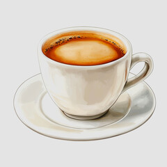Obraz premium Warm and Inviting Cup of Coffee in a Simple White Ceramic Mug on a Saucer with Rich Brown Liquid and Foam, Perfect for a Cozy Morning or Afternoon Break