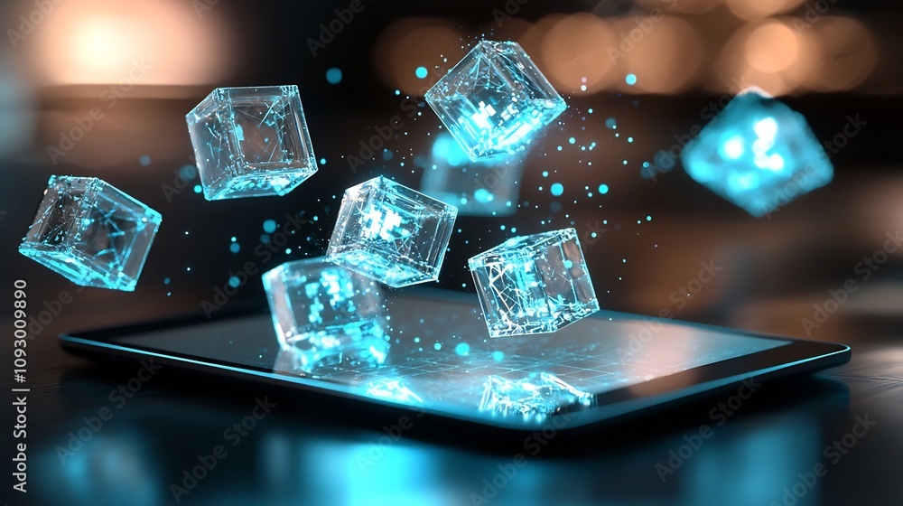 Poster creative shot depicting blockchain technology as transparent floating holographic cubes hovering abo