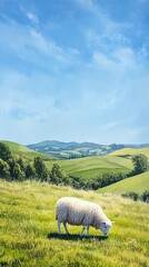 Fototapeta premium White sheep graze peacefully in a vast green meadow with beautiful mountains in the background