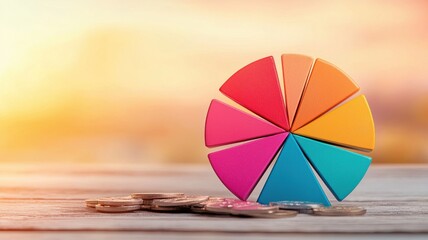Obraz premium Colorful pie chart placed on a wooden table against a beautiful sunset backdrop.