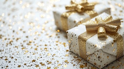 Beautifully wrapped gifts adorned with sparkling gold decorations and confetti