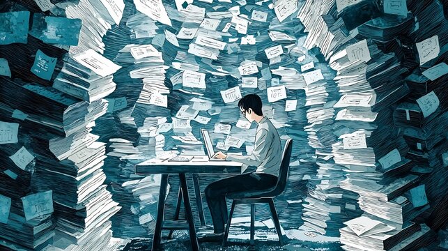 Creative conceptual of a developer coding blockchain algorithms surrounded by a surreal papercut style scene filled with layers of digital data and information