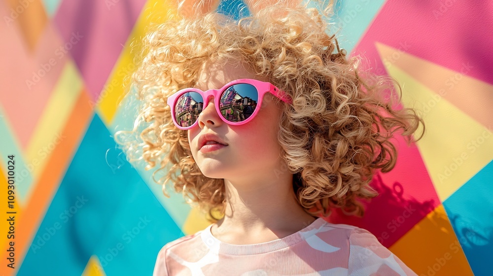 Poster curly haired girl in vibrant mirrored sunglasses posing against a playful backdrop of overlapping co