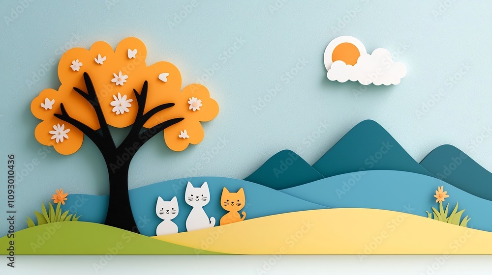 Poster delightful paper cut depicting a family of cats sitting under a tree in a lush meadow with each feli