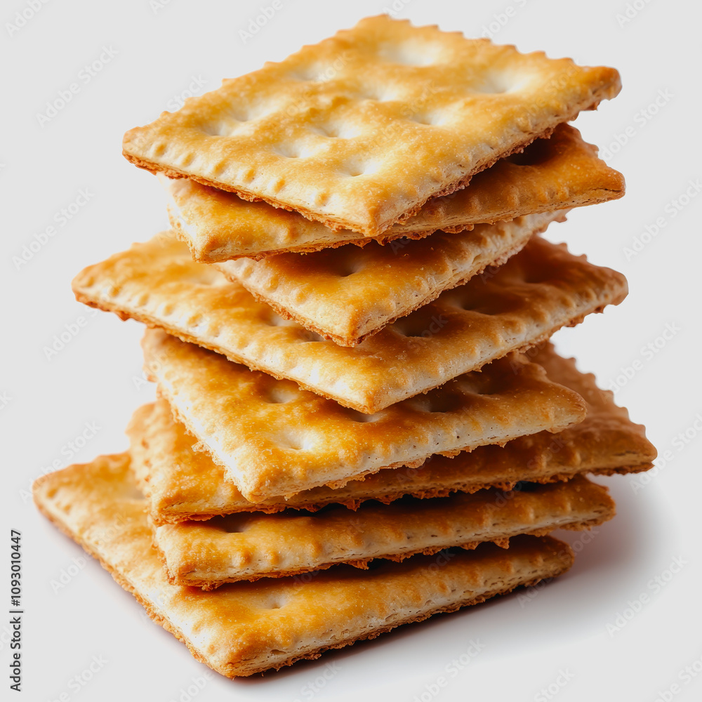 Poster stacked crisp and golden crackers arranged neatly on a soft surface perfect for snacking or serving 