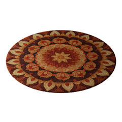 A round rug with a flower pattern on it