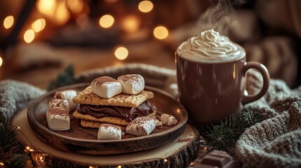 A cozy scene featuring s'mores and hot chocolate, evoking warmth and comfort.