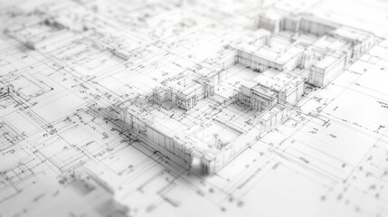 3D model of house plan on blueprint.