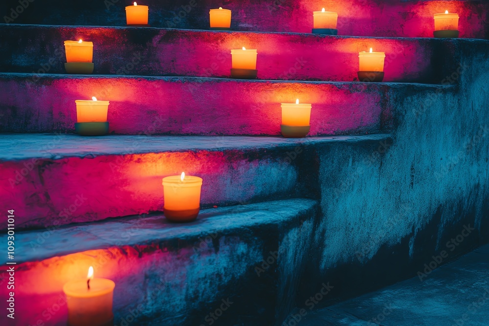 Aufkleber illuminated candles on steps create a serene glow.