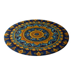 A blue and yellow rug with a design of flowers and leaves