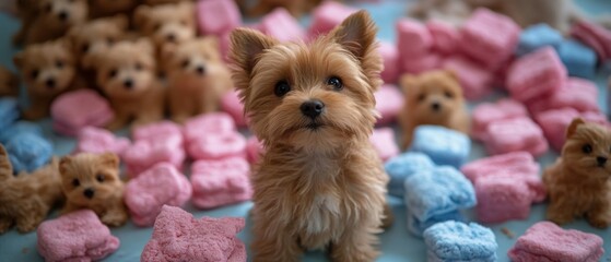 On National Puppy Day, puppies explore a colorful space filled with plush toys, creating a joyful atmosphere for pet lovers and dog enthusiasts alike