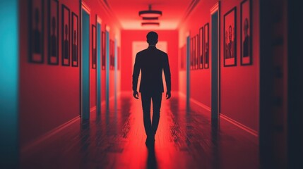 A realistic 3D image of a professional walking confidently through a hallway lined with inspirational quotes and artwork
