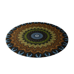 A colorful rug with a blue center and green and brown edges