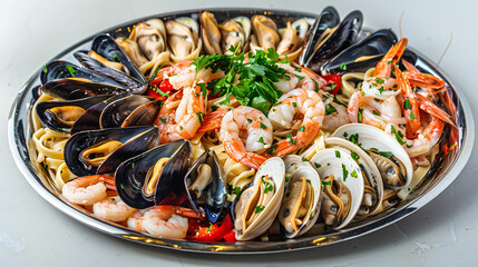 A platter of delicious seafood linguine, with fresh clams, mussels, shrimp, and calamari cooked in a garlic and white wine sauce, served over al dente pasta for a taste of the Italian coast.
