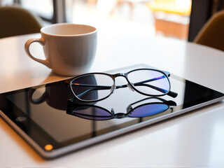Glasses resting on a tablet beside a coffee cup