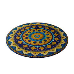 A colorful rug with a blue center and yellow and blue edges