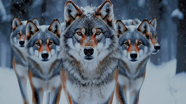 A pack of wolves standing in the snow, looking directly at the camera.