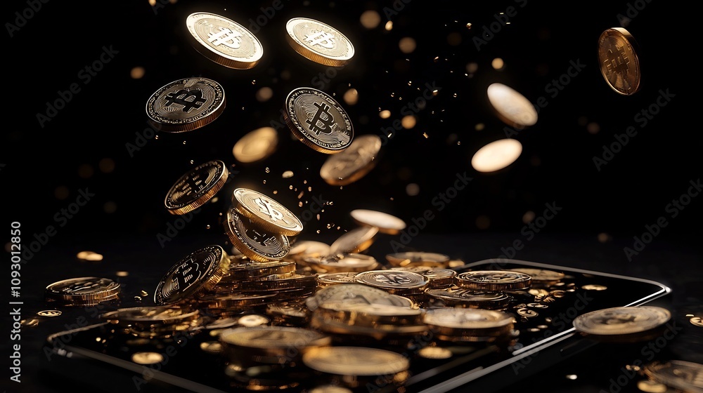 Poster digital coins raining over a smartphone screen with ad notifications monetization and growth concept